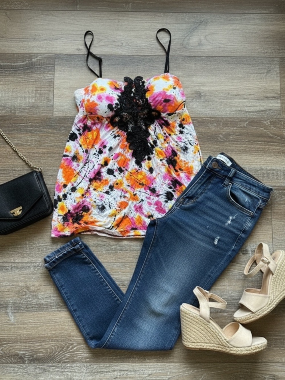 Rue21 Multicolor Tie-Dye Cami with Black Lace Appliqué